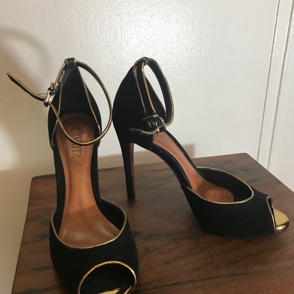 Shutz Black velvet ankle strap heels